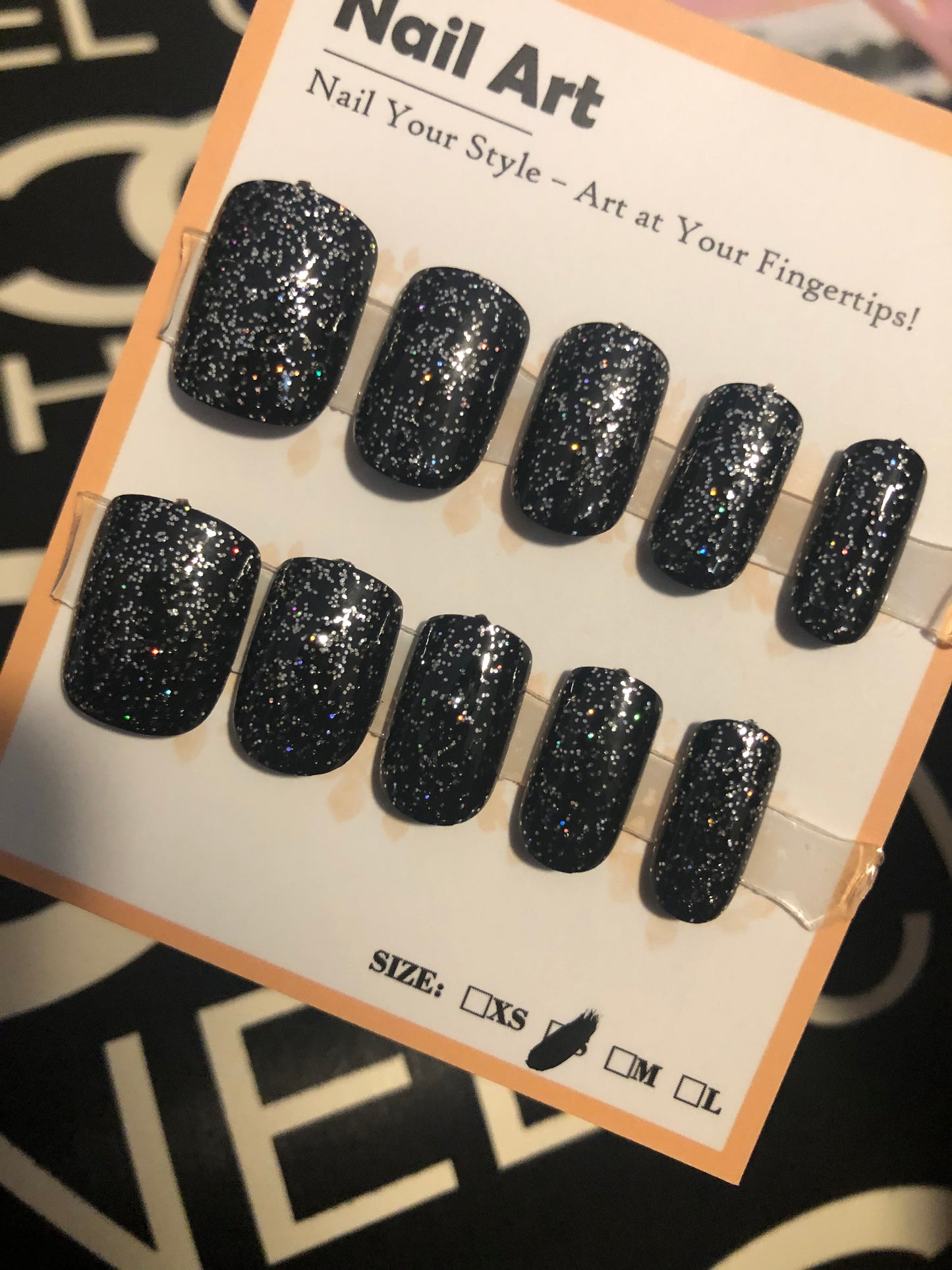 Black Silver Glitter Short Square Nails