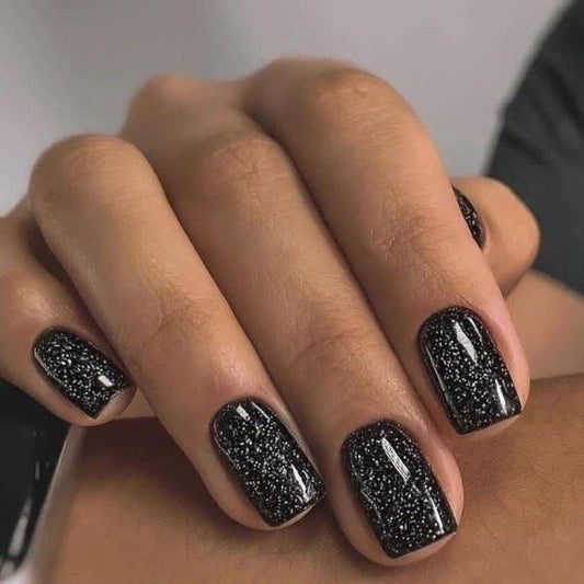 Black Silver Glitter Short Square Nails