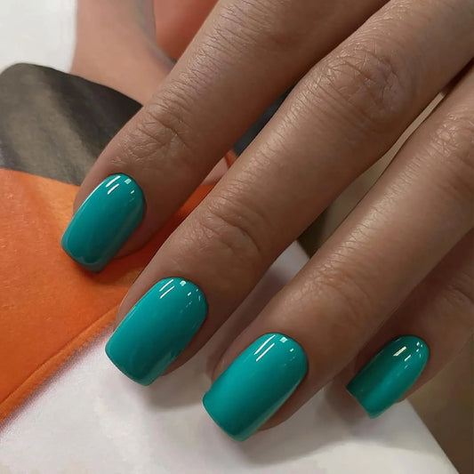 Glossy Teal Short Square Nails